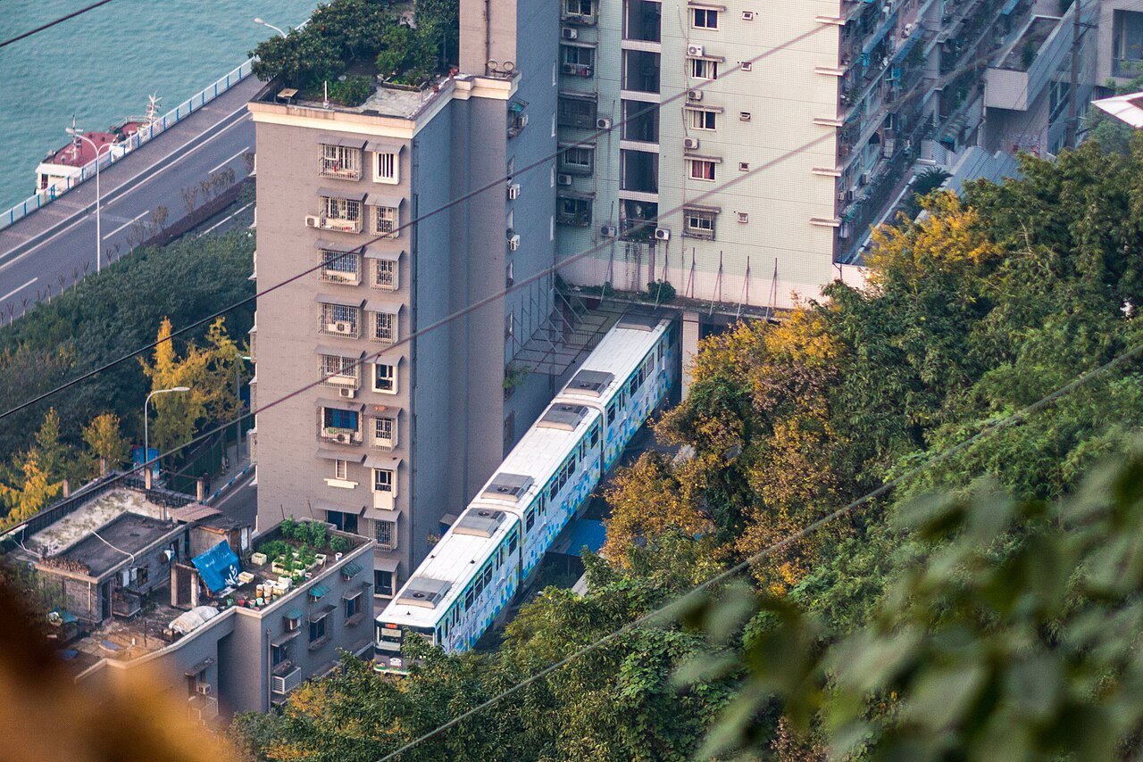 Chongqing Line 2 monorail passing through Liziba building near Jiefangbei
